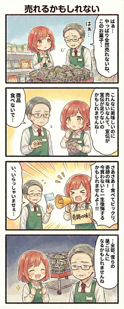 4-panel comic: using 「〜かもしれません」