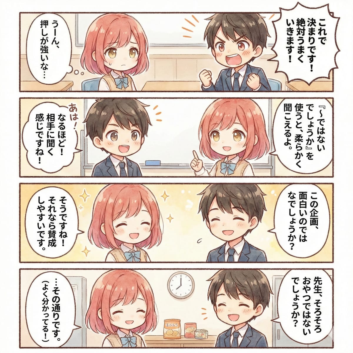4-panel comic: using 「〜ではないでしょうか」 (using a soft agreement-seeking expression)